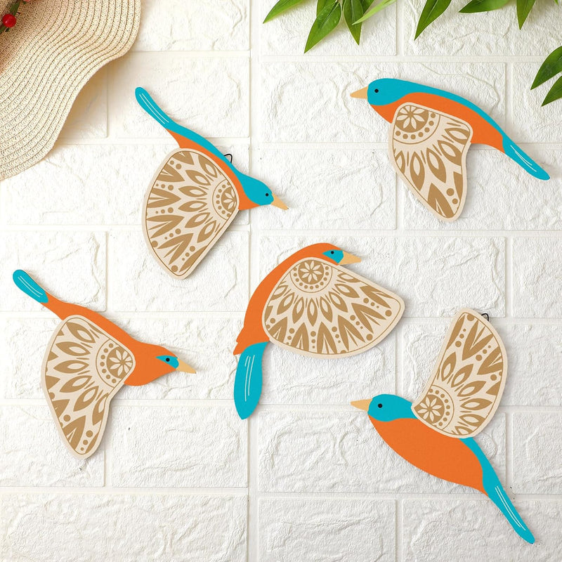 Barydat 5 Pcs Wooden Bird Wall Art Wood Flying Birds Wall Decor Rustic Folk Art Wall Decor Scandinavian Home Decor for Gift Bird Lover Living Room Bedroom Kitchen Office (Black) - Teal