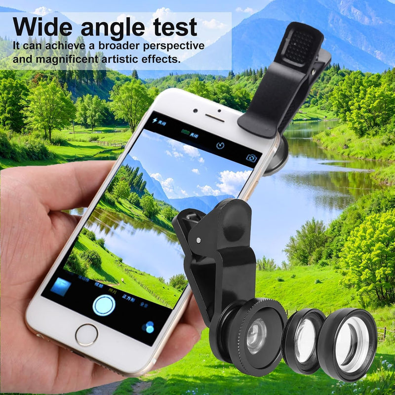 3 in 1 Phone Camera Lens Kit with 160 Degree Fisheye and Macro Lenses for Mobile Photography, Universal Clip-on Design compatible with iPhone, fits Samsung, and for Huawei Smartphones, Black