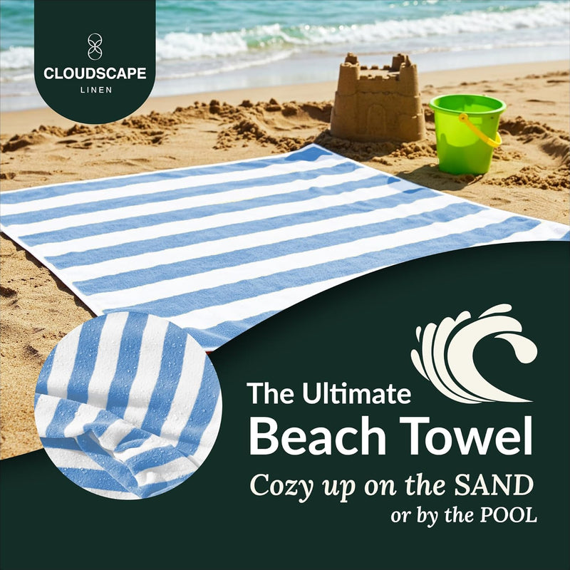 Cloud Scape Linen 2 Pcs Cabana Stripe Beach Towel Set, Oversized Soft Cotton Towel, Quick Dry and Highly Absorbent, Perfect for Beach, Picnic and Fitness, 76x152 cm, Blue