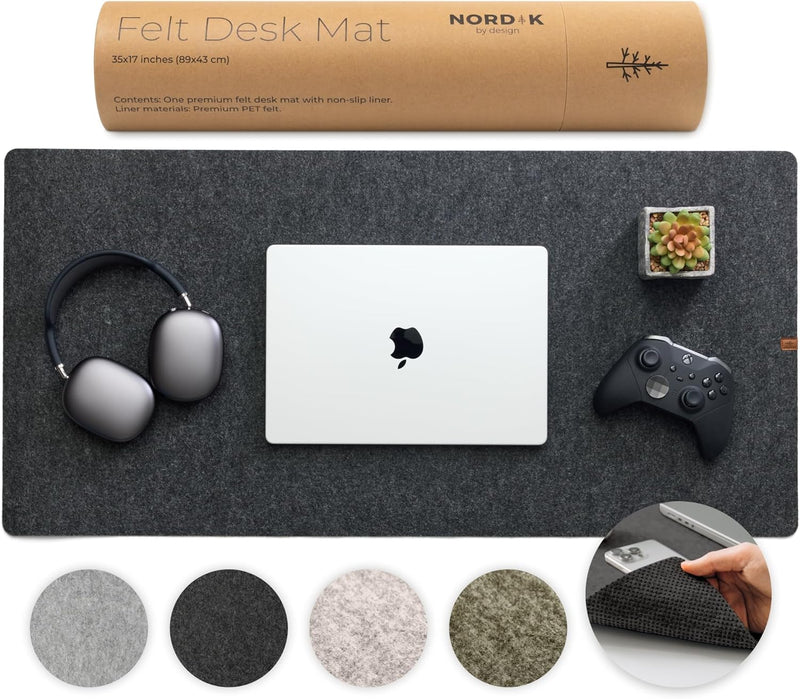Nordik Leather Desk Mat Cable Organizer (Alaskan Gray 35 X 17 inch) Premium Extended Mouse Mat for Home Office Accessories - Non-Slip Vegan Leather Desk Pad Protector & Desk Blotter Pad - Charcoal