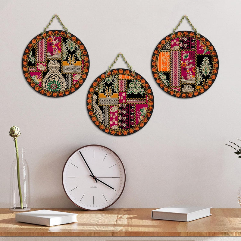 Artvibes Rajasthani Culture Wooden Wall Hanger for Home | Office | Living Room | Gift | Modern Decoration Items | Kitchen Wall Decor | Home Decor Hanging Items (WH_5012N), Set of 3