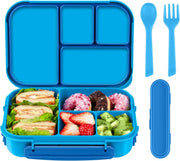 Amathley Lunch Box Kids,Bento Box Adult,Leakproof Lunch Containers for Adults/Kids/Toddler,1200ML-4 Compartments bento Lunch box with Utensil,Microwave & Dishwasher & Freezer Safe(White) - Blue