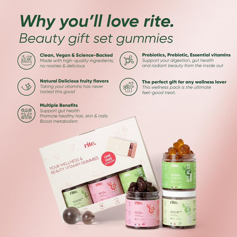 Rite Beauty Trio Pack, Sugar Free Gummies, Probiotics, Gut Health, Digestion, Weight Management, Faster Hair Growth and Stronger Nails, Vegan, 3 Pack of 60 Gummies