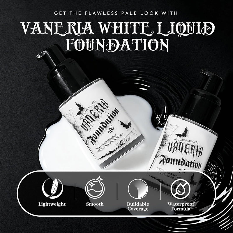 VANERIA White Foundation, Goth Foundation Liquide Makeup, Clown Makeup, Blanco Face Paint, Full-Coverage Waterproof, Mixer Use or White Base for Halloween, Cosplay, Stage, Mime & Film.30ML