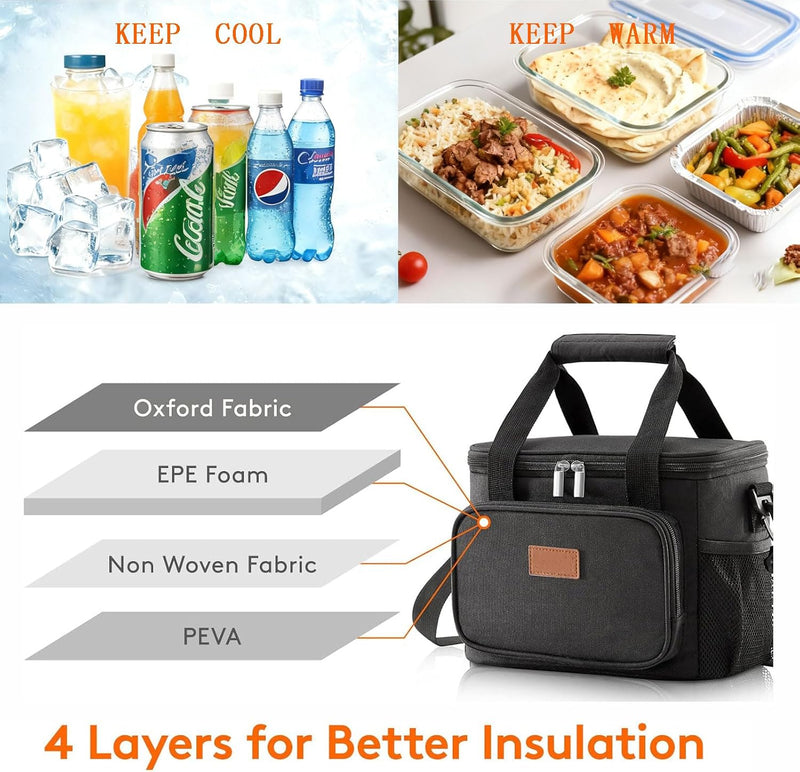 Medium Lunch Bag Insulated Lunch Box Soft Cooler Cooling Tote for Adult Men Women, Black 12-Can (9L)