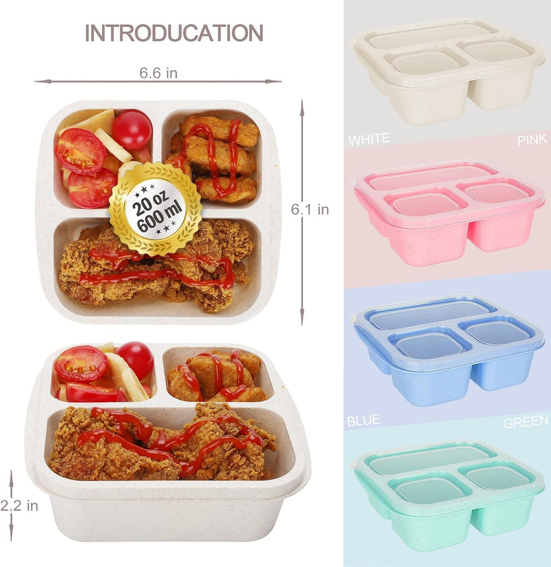 4 Pcs Stackable Wheat Straw PP 3-Compartment Bento Box, Meal Prep Container for School, Work, Travel, Freezer and Dishwasher Safe