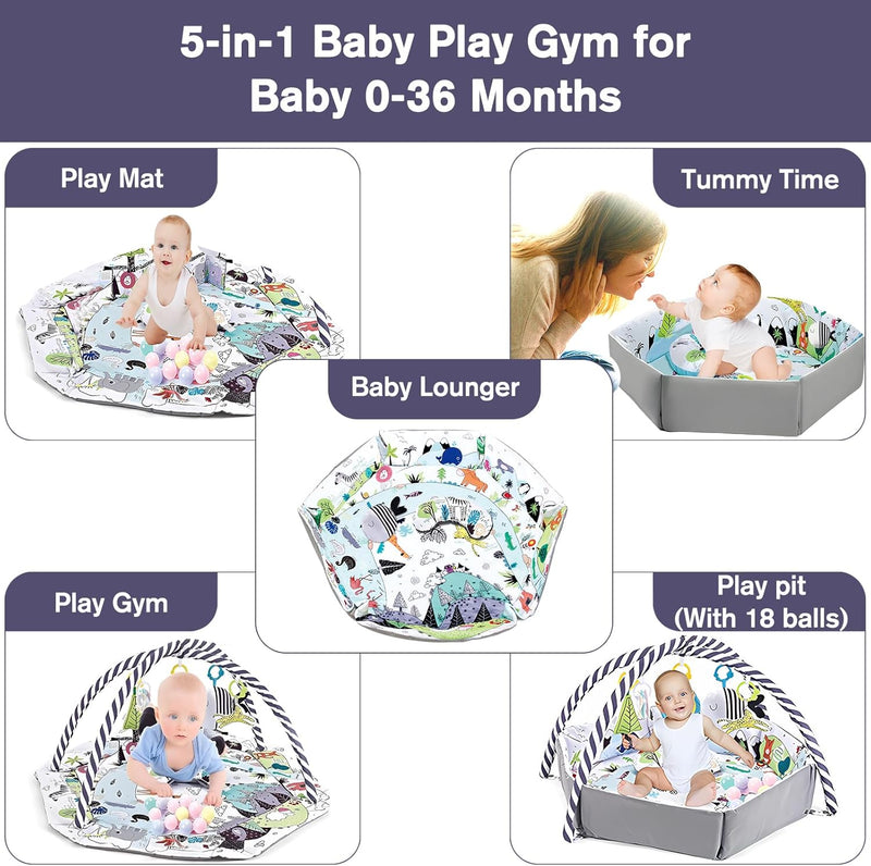 TFDER 7-in-1 Baby Play Gym, Infant Non-Slip Activity Blanket, Crawling Mat with Play Arch and Sensory Toys,Baby Toys 0+ Months,Black and White