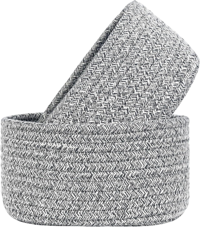ABenkle Small Storage Basket Set of 2, Natural Cotton Rope Woven Baskets for Organizing, Tiny Oval Storage Baskets, Small Basket for Montessori, Baby Nursery Dog Toy Baskets, Bathroom Organization Bin - Mixed Grey