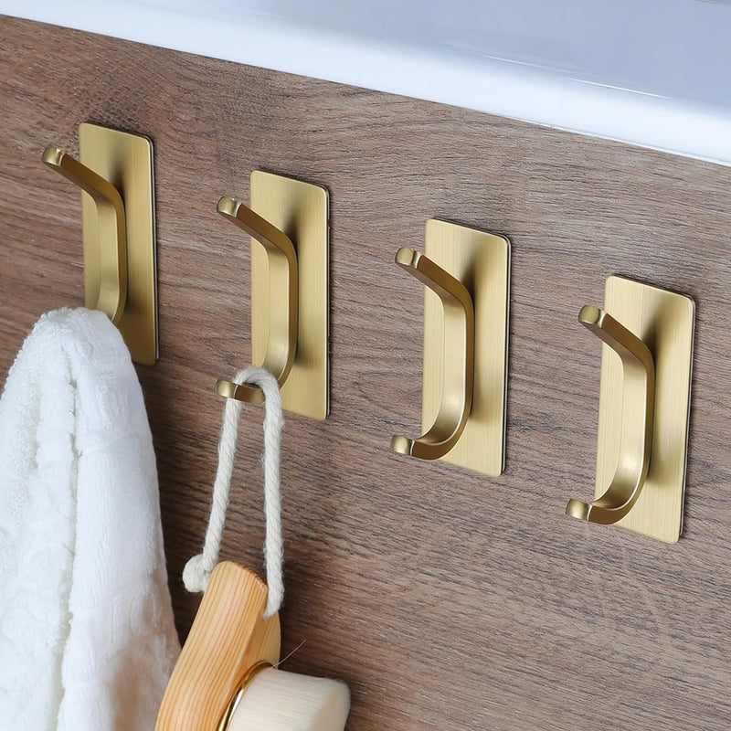 McMola Adhesive Hooks, Self Adhesive Hooks,Waterproof Self Adhesive Hook Heavy Duty Wall Hooks for Home Kitchen Bathroom Hanging Coat Cloth Towel Key Decorations(12 Pack) - 4Pack Gold Sticky Hooks