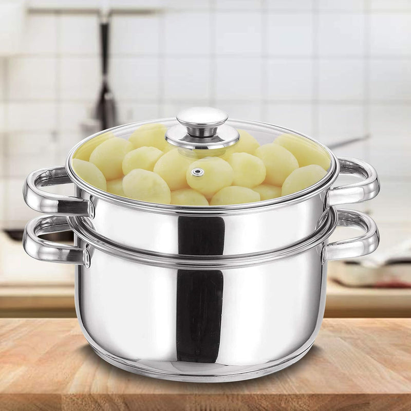 Vinod Stainless Steel 2-Tier Steamer 20cm Vegetable, Momo Steamer with Glass Lid, Sturdy Handle, Induction & Gas Friendly Perfect for Couscous, Dumplings & Rice Dishes