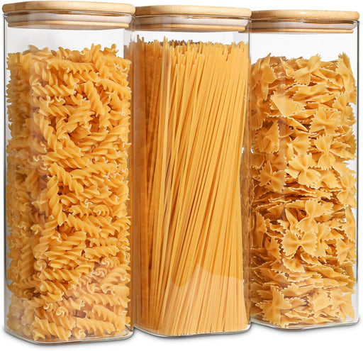 ComSaf Glass Spaghetti Pasta Storage Containers with Lids 71oz Set of 3, Tall Clear Airtight Food Storage Jar with Bamboo Lid for Noodles Flour Cereal Sugar Beans, Sqaure Spaghetti Pantry Container - 2.1 LÃ3