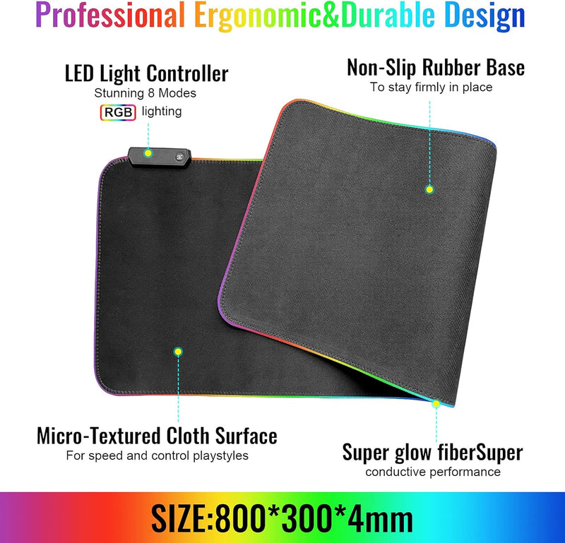 SKY-TOUCH Gaming Mouse Pad, Extra Large Soft Led Extended Mouse pad, anti-slip Rubber Base Computer Keyboard Mat, Black, GRB mouse