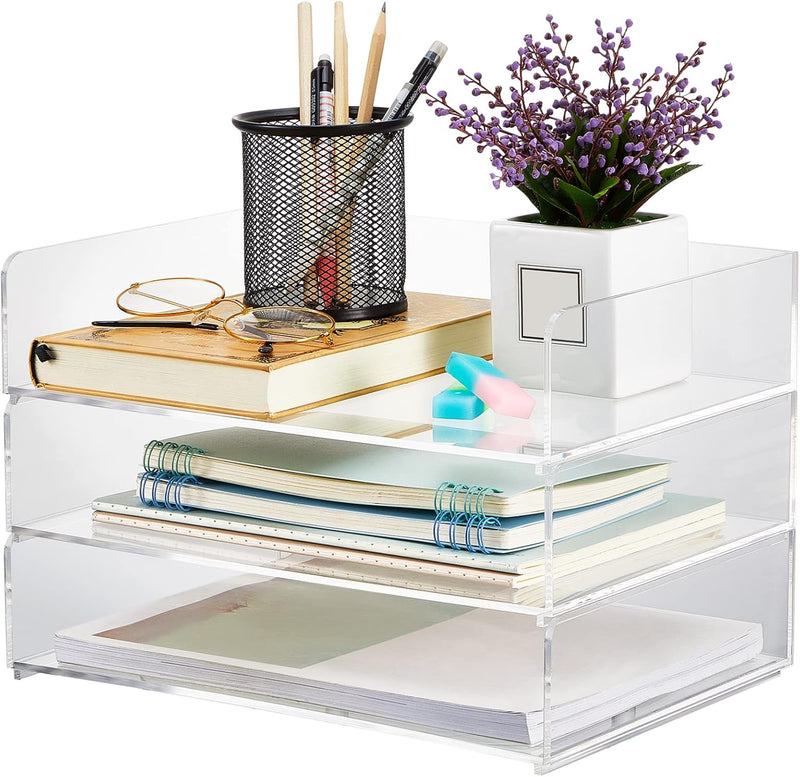 Yulejo Acrylic Desk Organizers and Accessories Tier Paper File Organizer Tray Stackable Document Clear Desk Accessories for Office Workspace Organization (315 x 222 x 68 mm/ 12.4 x 8.74 x 2.68 Inch)