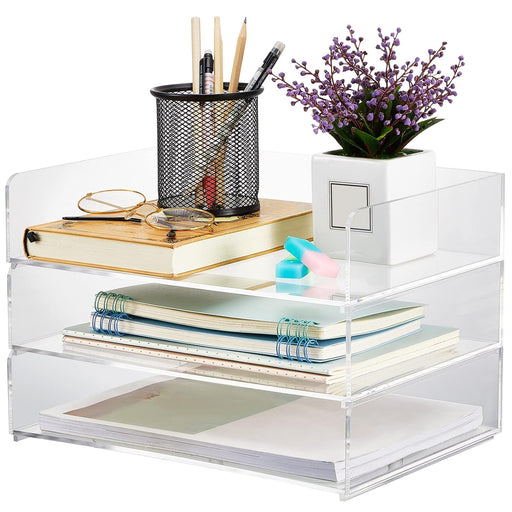 Yulejo Acrylic Desk Organizers and Accessories Tier Paper File Organizer Tray Stackable Document Clear Desk Accessories for Office Workspace Organization (315 x 222 x 68 mm/ 12.4 x 8.74 x 2.68 Inch)