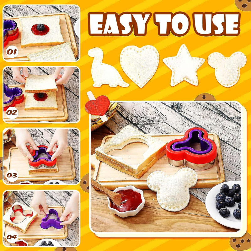 Sandwich Cutter and Sealer, Set of 12 Pastry Cookie Biscuits and Vegetable Cutters, Bread Decruster Maker for Kids in Dinosaur, Heart, Mouse, Star and Flower Shape