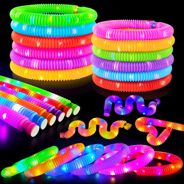 24 PCS Light up LED Pop Tubes, Glow Sticks Necklaces & Bracelets Party Pack, Glow in The Dark Party Favor Supplies Decoration for Halloween, Wedding, Birthday, Camping Games & Activities - 6PCS LED Pop Tube