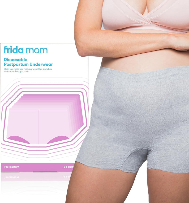 Disposable Postpartum Underwear (Without pad) Super Soft, Stretchy, Breathable, Wicking, Latex-Free, Boyshort Cut Regular (8 Count) - Grey Boyshort (Waist 70-107 cm)