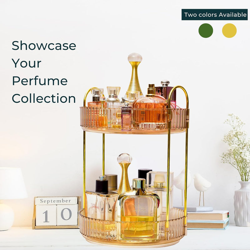 Sortify Perfume Organizer, Luxury Acrylic Perfume Stand, Lazy Susan 360° Rotating Makeup Organizer & Skincare Rack, Showcase Your Cologne Collection with 2 Tier Perfume Tray 32x23x23cm (Gold)