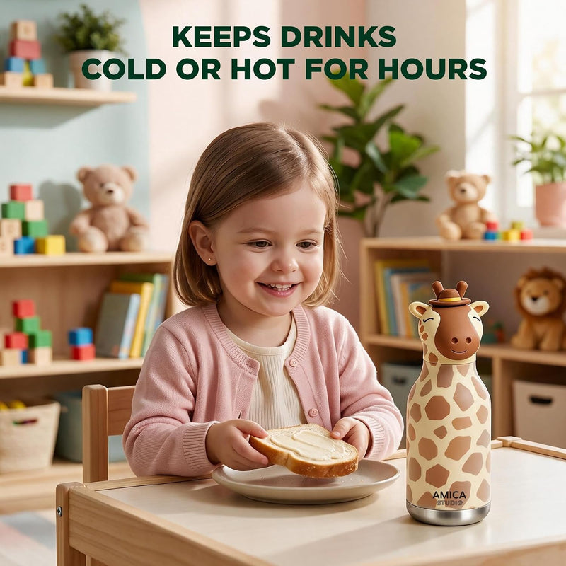 Kids Water Bottle 460ml Insulated Stainless Steel - AMICA STUDIO (Gigi Giraffe)