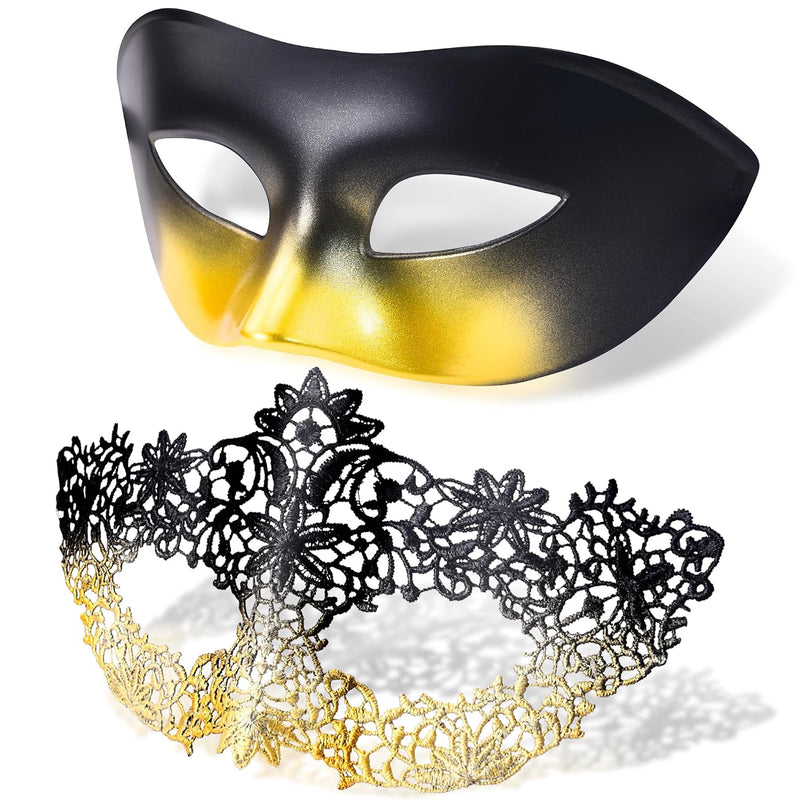 Couple Masquerade Masks Set Venetian Party Mask Mardi Gras Mask - Black & Gold Contoured Lace