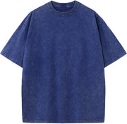 Mens Cotton T-Shirt, Oversized, Unisex, Short-Sleeved, Casual, Loose Fit, Washed, Solid Color - A-blue
