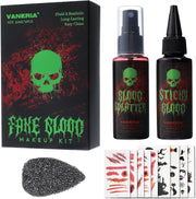 VANERIA Halloween Artificial Blood Set - Realistic & Washable Fake Blood, 50 ml Artificial Blood Spray, 50 ml Dripping Artificial Blood, Sponge, 4 Fake Scars & 4 Luminous Tattoos for Zombies, Vampires