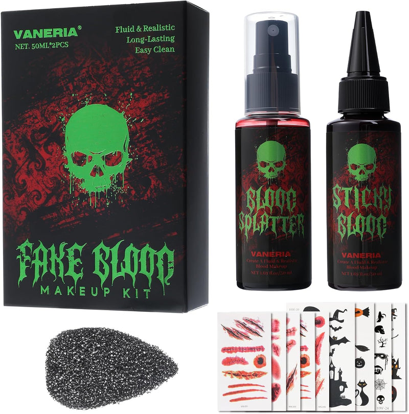VANERIA Halloween Artificial Blood Set - Realistic & Washable Fake Blood, 50 ml Artificial Blood Spray, 50 ml Dripping Artificial Blood, Sponge, 4 Fake Scars & 4 Luminous Tattoos for Zombies, Vampires