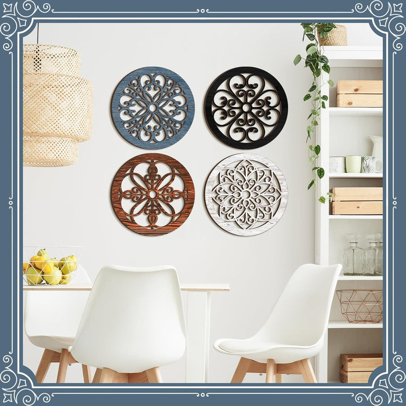 Yulejo 4 Pcs Thicken Rustic Wall Decor Farmhouse Wall Art Wooden Hollow Carved Design Decor Rustic Round Wall Art for Living Room Bedroom Hallway Decor Kitchen Wall (Black, Brown,9.8 x 9.8 Inch)