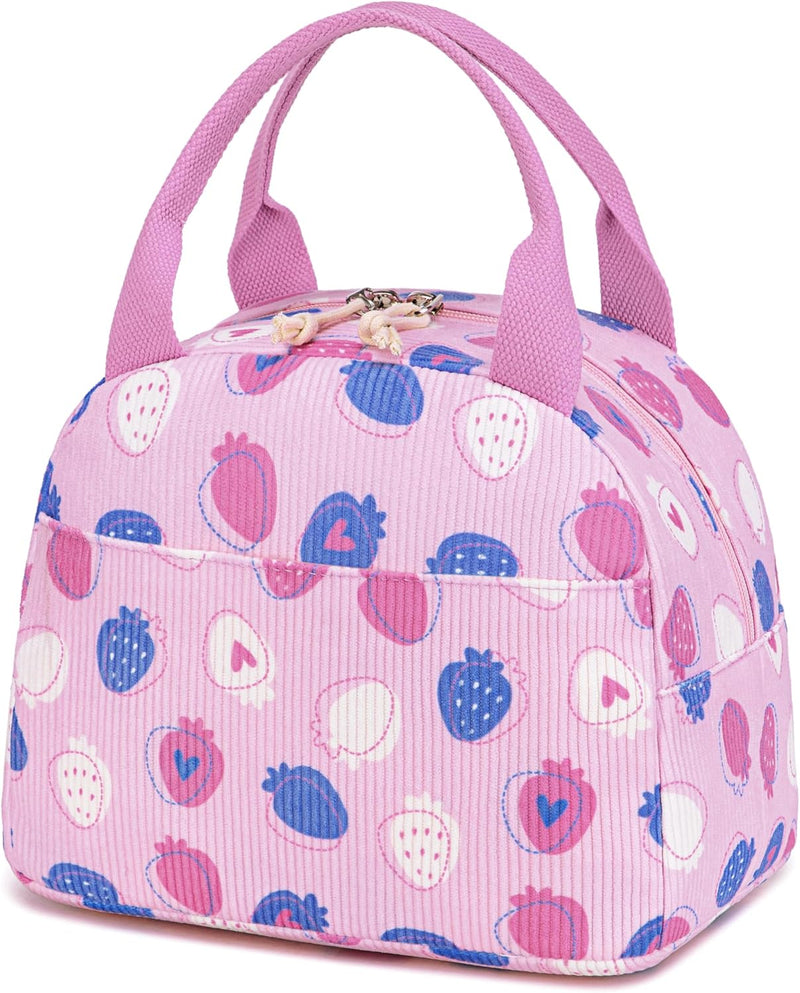Lunch Bag for Women Men Cute Corduroy Lunch Tote Bags Reusable Insulated Lunch Box Large Capacity Reusable Insulated Cooler for Work Picnic or Travel (Corduroy strawberry) - Blue White Red Strawberry-Pink