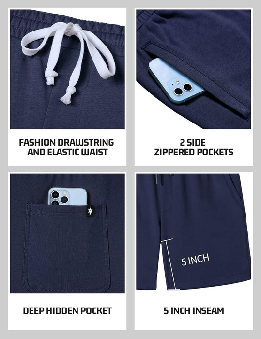 Men's Athletic Gym Shorts with Zipper Pockets 5.5" Elastic Waist Casual Cotton Sweat Short Pants for Pajama Jogger Sport