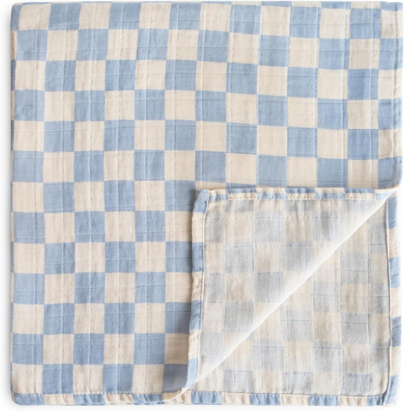Organic Cotton Muslin Baby Blanket - Extra Soft Breathable Newborn Baby Blanket for Swaddling, Nursing & Cuddling - Pre-Washed for Delicate Skin Caramel Dots - Blue Check