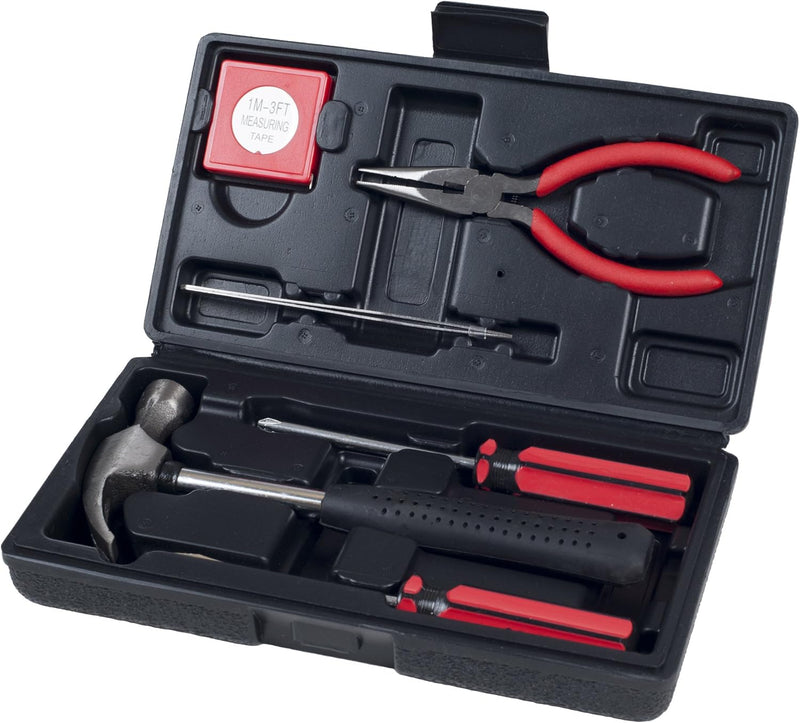 Stalwart - 75-HT1007 Household Hand Tools, Tool Set - 6 Piece by, Set Includes Hammer, Screwdriver Set, Pliers (Tool Kit for the Home, Office, or Car) Black - Red