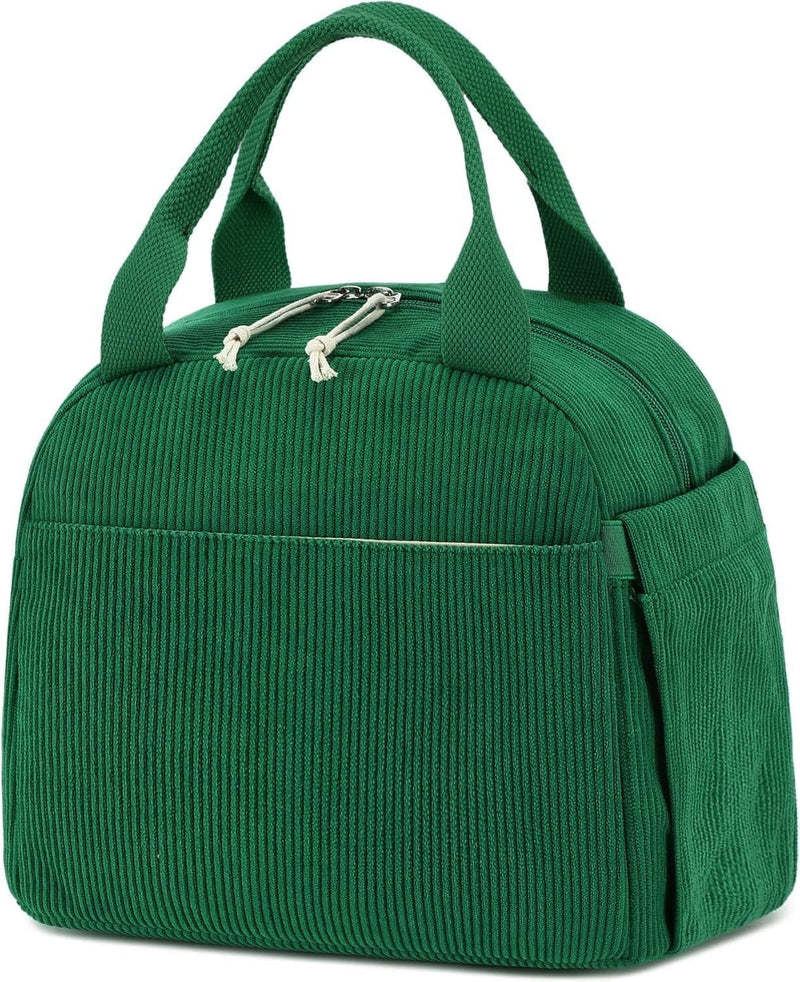 Lunch Bag for Women Men Cute Corduroy Lunch Tote Bags Reusable Insulated Lunch Box Large Capacity Reusable Insulated Cooler for Work Picnic or Travel (Corduroy strawberry) - Corduroy Green