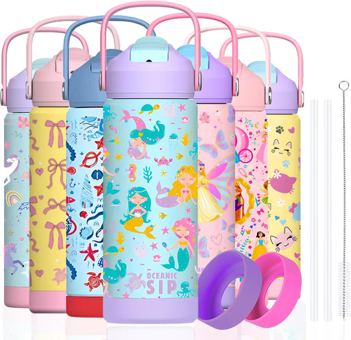 550ml Girls Premium Stainless Steel Water Bottle with Straw Leak-Proof, Double-Wall Vacuum Insulated Kids Flask for School & Sports, BPA-Free (Mermaid, 550ml) - Mermaid 550 ml