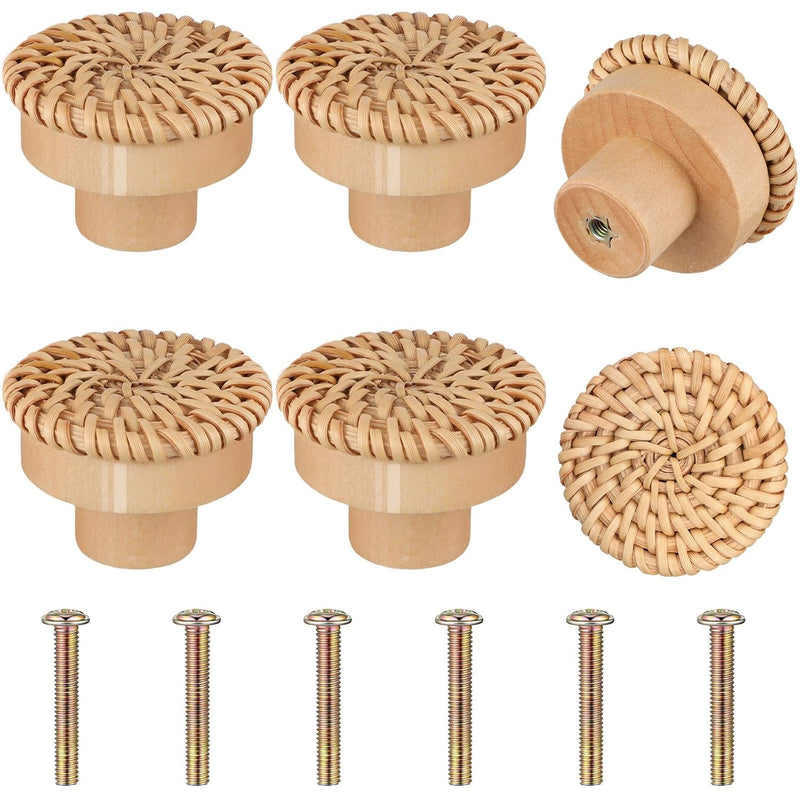 Wooden Drawer Knobs, Rattan Dresser Knobs Round Handmade Wicker Woven and Screws for Boho Furniture Knobs Cabinets Dresser Handles Hardware Pulls Cabinet Knobs (6 Knobs and 6 Screws)
