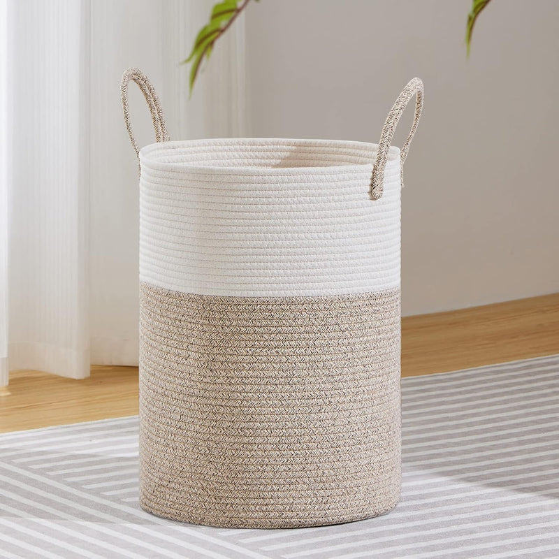VIPOSCO Large Laundry Hamper, Tall Woven Rope Storage Basket for Blanket, Toys, Dirty Clothes in Living Room, Bathroom, Bedroom - 58L White & Brown - 58L Brown