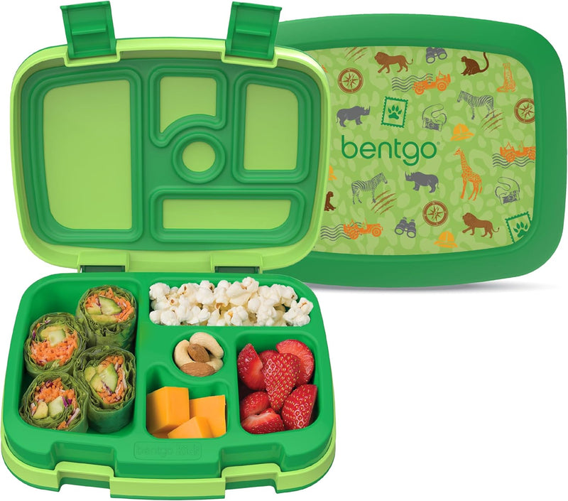 Bentgo Kids Prints Leak-Proof, 5-Compartment Bento-Style Kids Lunch Box - Ideal Portion Sizes for Ages 3 to 7 - BPA-Free, Dishwasher Safe, Food-Safe Materials (Dino Fossils) - Safari