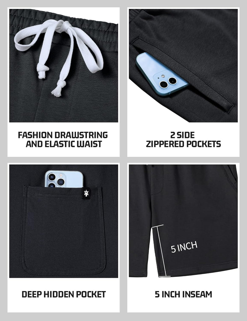 Men's Athletic Gym Shorts with Zipper Pockets 5.5" Elastic Waist Casual Cotton Sweat Short Pants for Pajama Jogger Sport