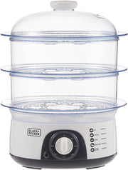 BLACK+DECKER Food Steamer,775W, 10L 3-Tier Detachable Design, Timer Control, Quick & Easy Meal Prep, Dishwasher Safe, Lightweight 1.98 Kg, 220-240V, Efficient and Compact, White - HS6000-B5