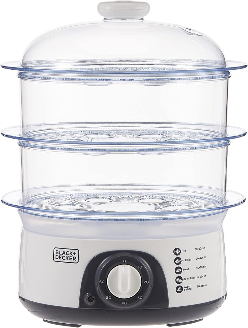 BLACK+DECKER Food Steamer,775W, 10L 3-Tier Detachable Design, Timer Control, Quick & Easy Meal Prep, Dishwasher Safe, Lightweight 1.98 Kg, 220-240V, Efficient and Compact, White - HS6000-B5