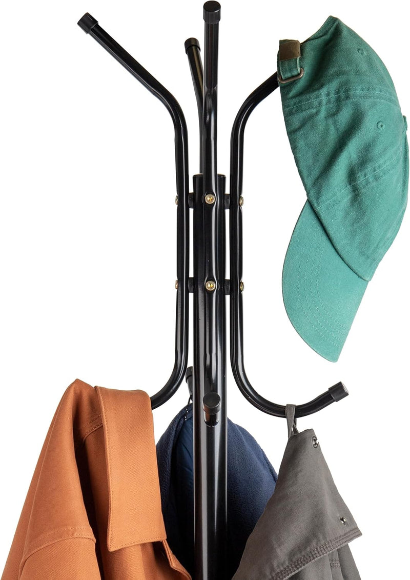 Mind Reader COATRACK11 Standing Metal Coat Rack Hat Hanger 11 Hook for Jacket, Purse, Scarf Rack, Umbrella Tree Stand, Black