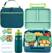 Bento Lunch Box for Kids with Thermo, Leakproof Bento Box with 8oz Insulated Food Jar, Lunch Bag, BPA Free Dishwasher Safe 4 Compartment Container for School Girls Boys (Pink) - Green