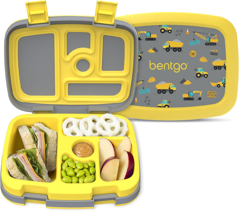 Bentgo Kids Prints Leak-Proof, 5-Compartment Bento-Style Kids Lunch Box - Ideal Portion Sizes for Ages 3 to 7 - BPA-Free, Dishwasher Safe, Food-Safe Materials (Dino Fossils) - Construction Trucks