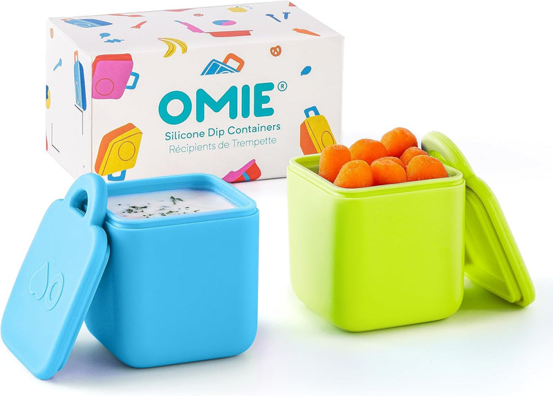 OmieBox (2 pack) Leakproof Dips Containers To Go, Salad Dressing Container, Condiment Container with Lids - Food Safe Silicone - 4 ounces (Sea Blue/Green) - 2 Piece Set Blue/Lime