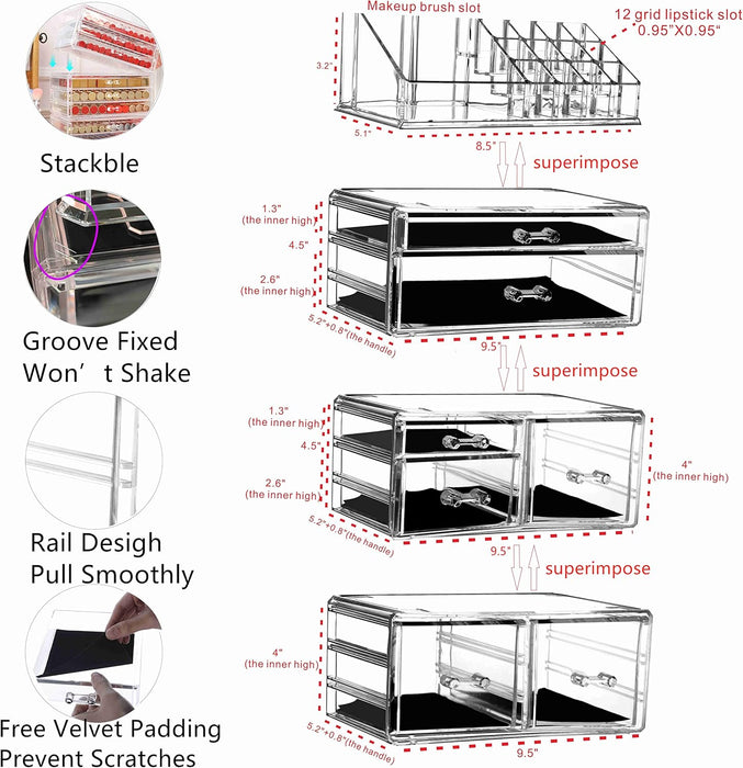 Large Clear Makeup Organizer Skin Care Cosmetic Display Cases Stackable Storage Box With 9 Drawers,Set of 4 By Cq acrylic