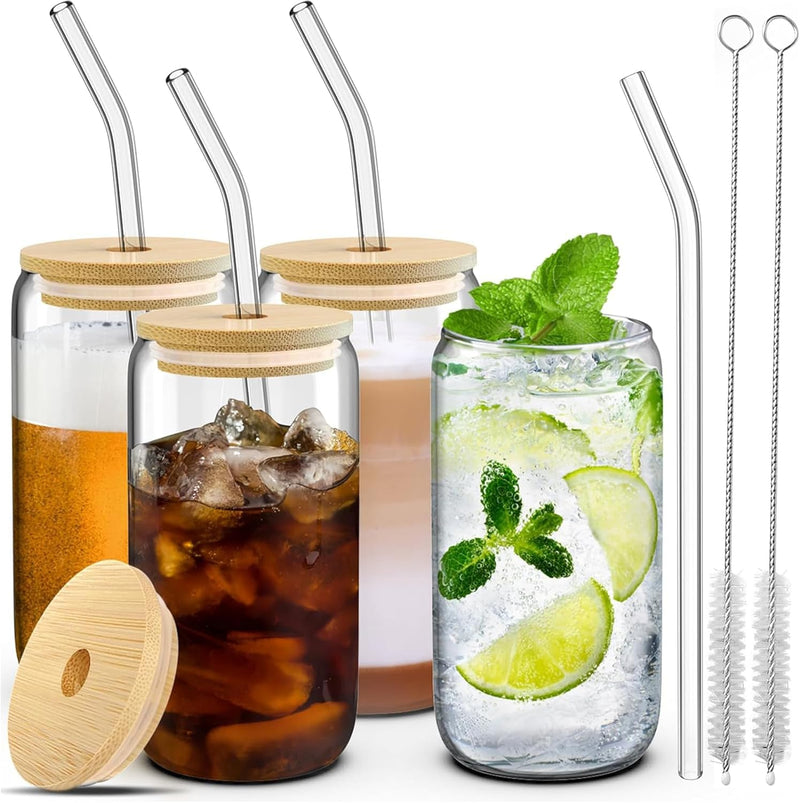CasaWave 4 Drinking Glasses with Bamboo Lids and Glass Straw - 4 Pcs Can Shaped Glass Cups, Iced Coffee Cups, Cute Tumbler Cups with 2 Cleaning Brush, Ideal for Cocktail, Soda, Tea, Gift