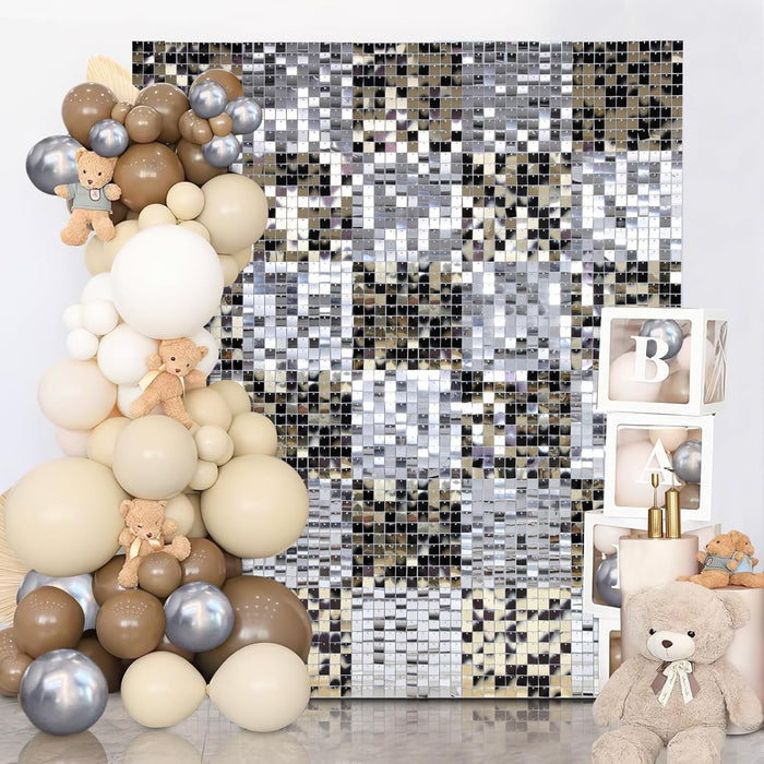 LuoluoHouse Shimmer Wall Panel Sequin Backdrop Panels 12 Packs-Iridescent Silver Backdrop for Graduation Anniversary Backdrop Wall Backdrops Engagement Decoration