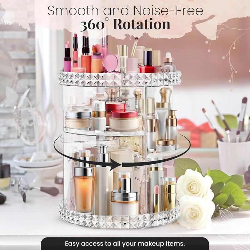SPAULD Rotating Makeup Organizer, Adjustable Layers Spinning Skincare Organizer, Cosmetic Display Case with Brush Holder, Multi-Function Storage Carousel for Vanity Bathroom Countertop (Style 2)