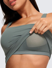 CRZ YOGA Butterluxe Womens Square Neck Longline Sports Bra - Workout Crop Tank Tops Padded Yoga Camisole with Built in Pads