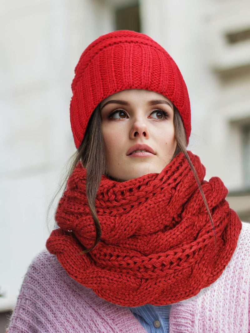4 Pieces Women Winter Hat and Glove Set, Warm Knitted Beanie Hat Glove Snow Ski Skull Cap with Visor and Touchscreen Glove